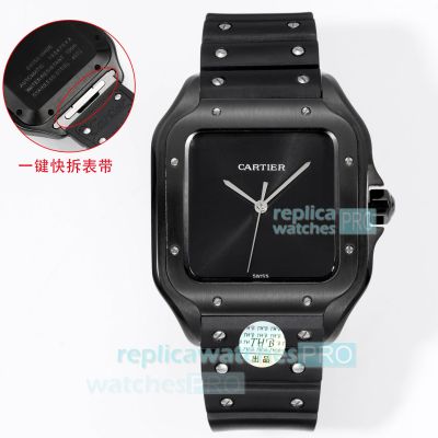 Swiss Clone THB Cartier Santos Automatic All-Black Watch with Rubber Strap 